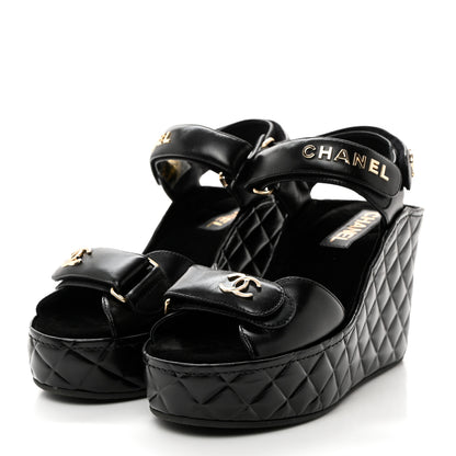 Chanel Shiny Calfskin Quilted Wedge Sandals 38 Black 3 of 9