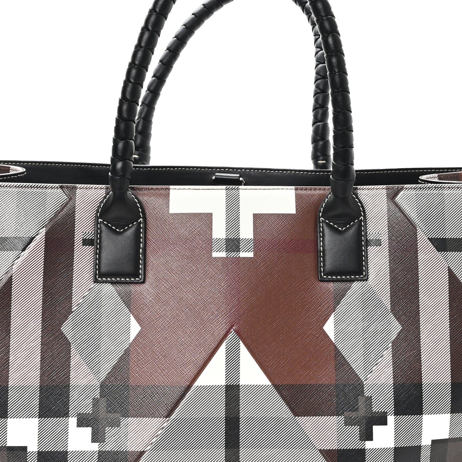 Burberry E-Canvas Calfskin Geometric Check Tote Hand Bag Brown White Black 8 of 10