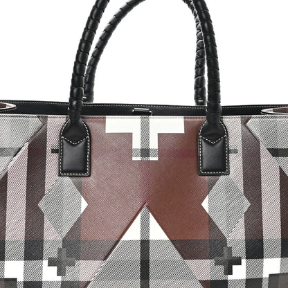 Burberry E-Canvas Calfskin Geometric Check Tote Hand Bag Brown White Black 8 of 10