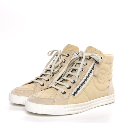 Chanel Toile Suede Calfskin CC High Top Sneakers 37 Beige White 3 of 11