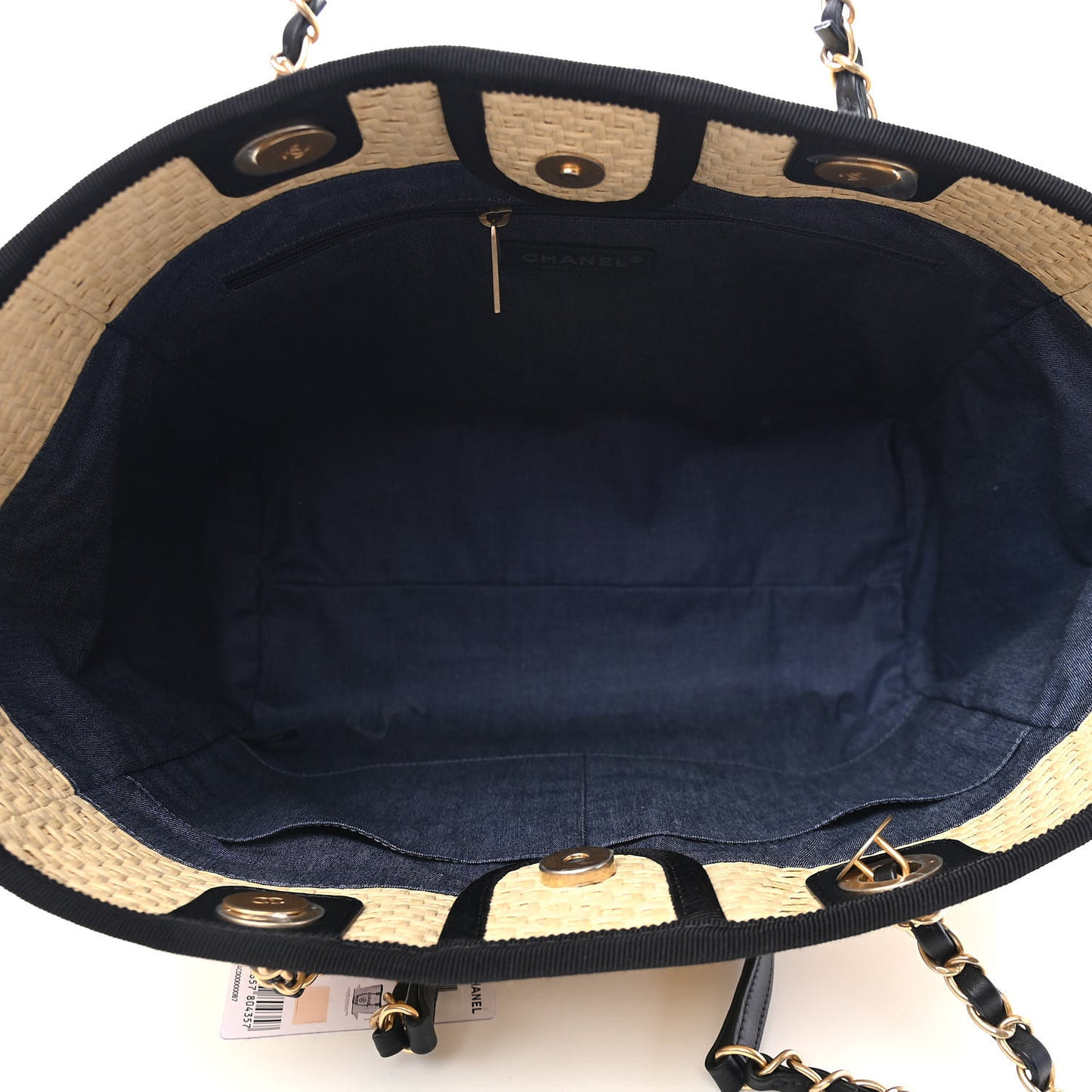 Straw Raffia Calfskin Chain Small Deauville Tote Beige Black