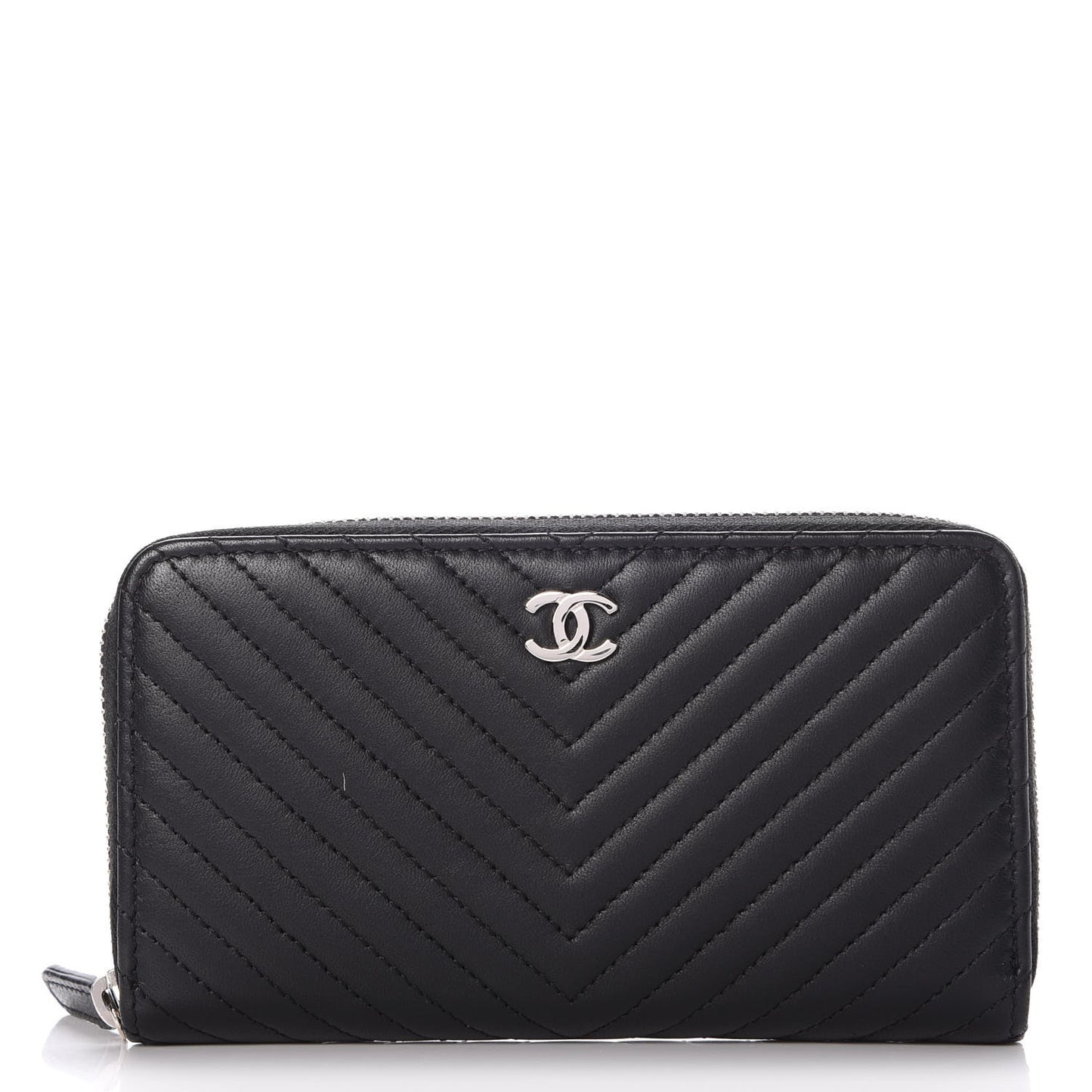 Lambskin Chevron Quilted Small Zip Around Wallet Black