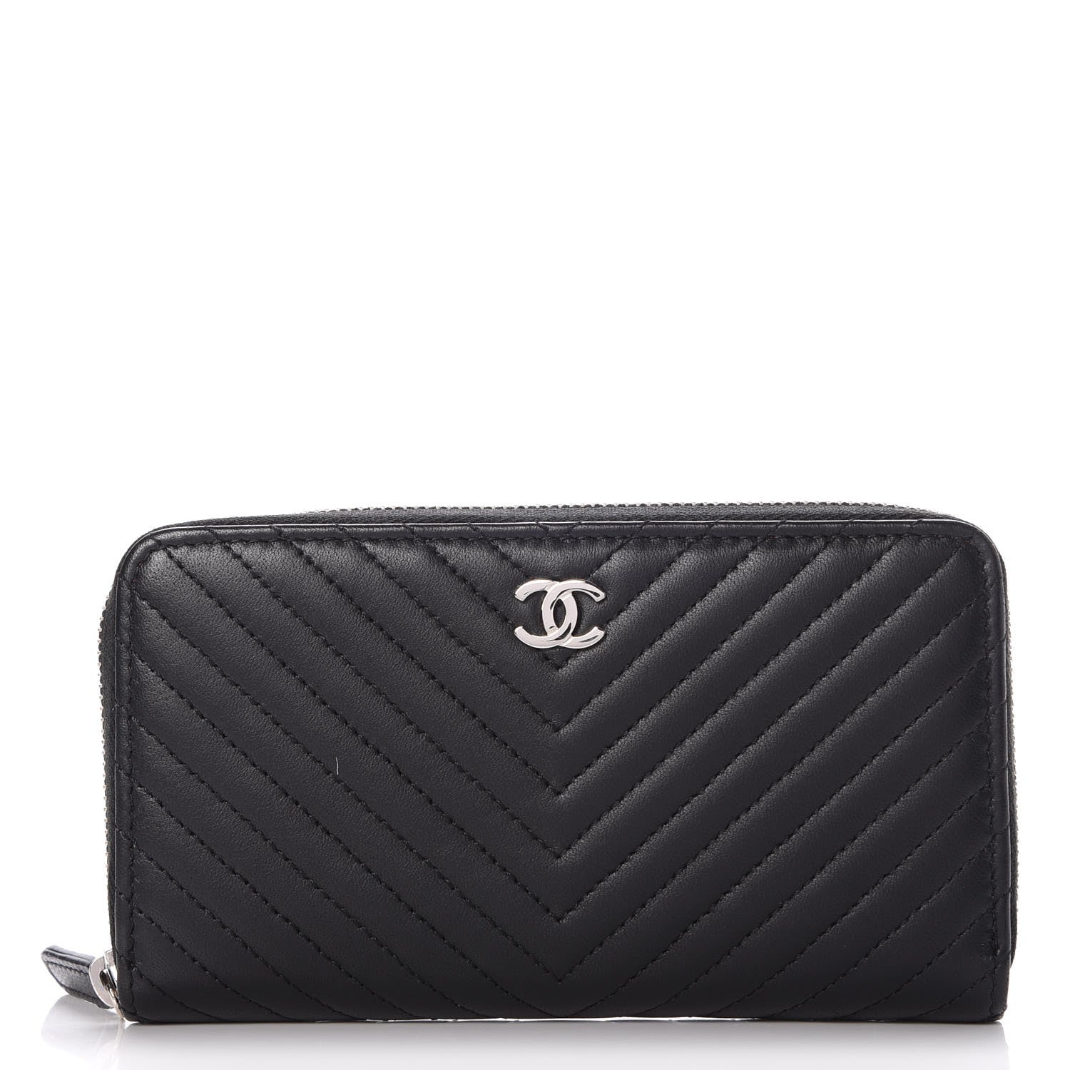 Chanel Lambskin Chevron Quilted Small Zip Around Wallet Black 1 of 9