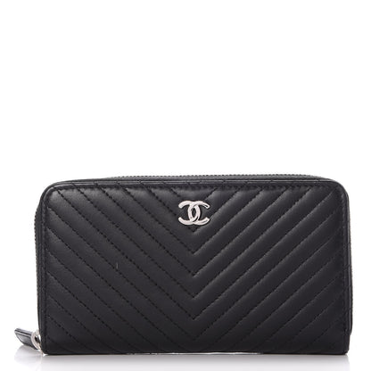 Chanel Lambskin Chevron Quilted Small Zip Around Wallet Black 1 of 9