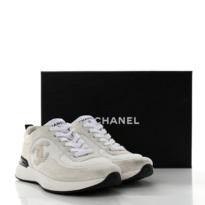 Chanel Calfskin Mesh Lycra Suede Womens Logo Sneakers 37.5 White 9 of 9