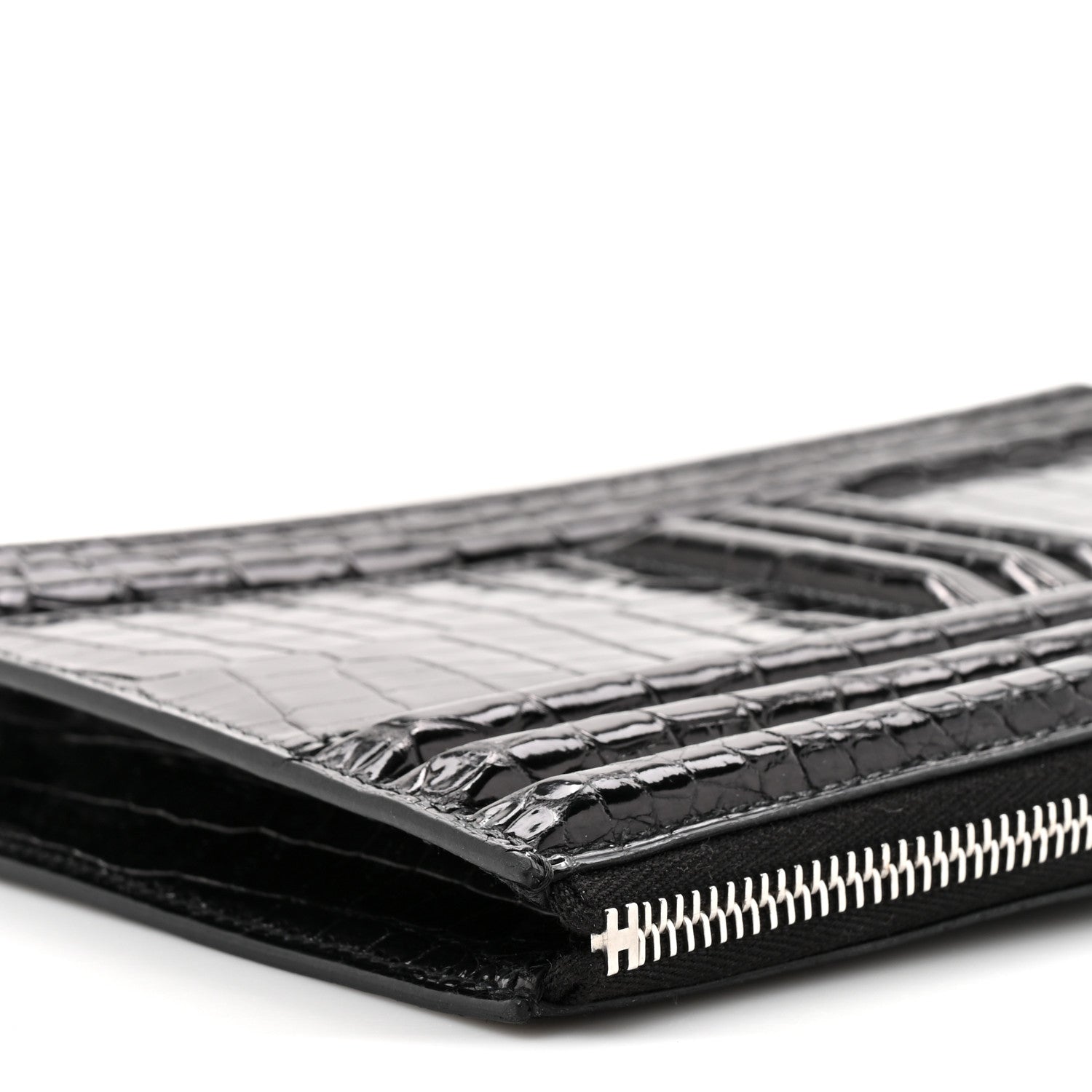 Hermes Shiny Porosus Crocodile Lisse Kelly Cadena Clutch Black 9 of 11