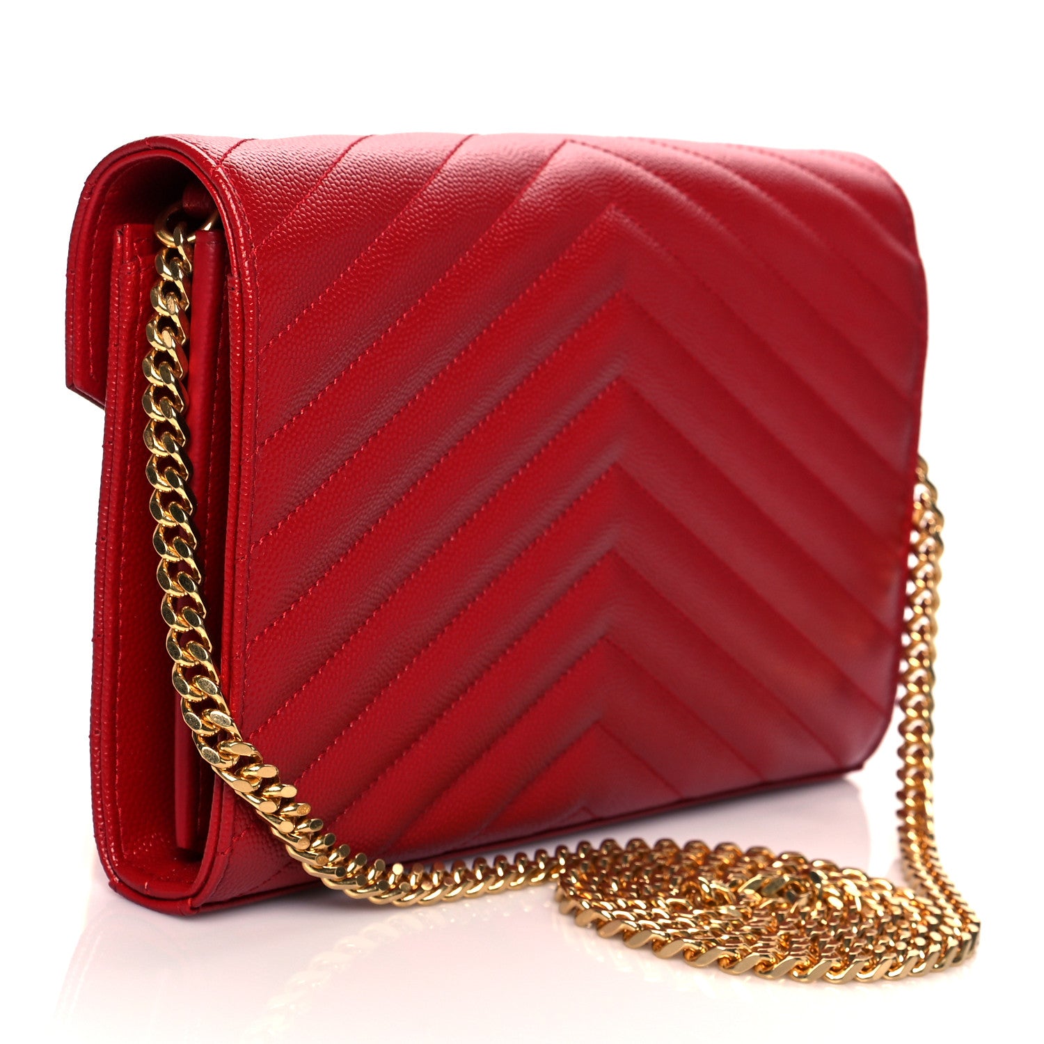Saint Laurent Grain De Poudre Matelasse Chevron Monogram Chain Wallet Rouge Eros 2 of 9