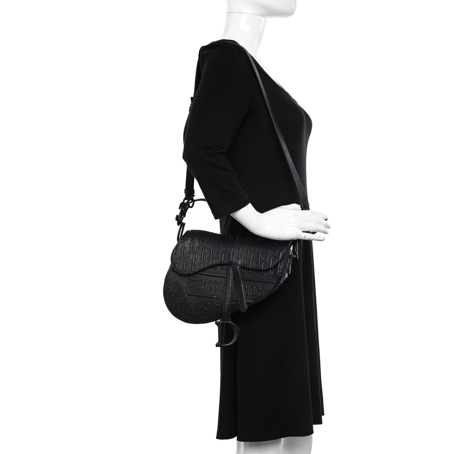 Calfskin Embossed Oblique Saddle Bag With Strap Black