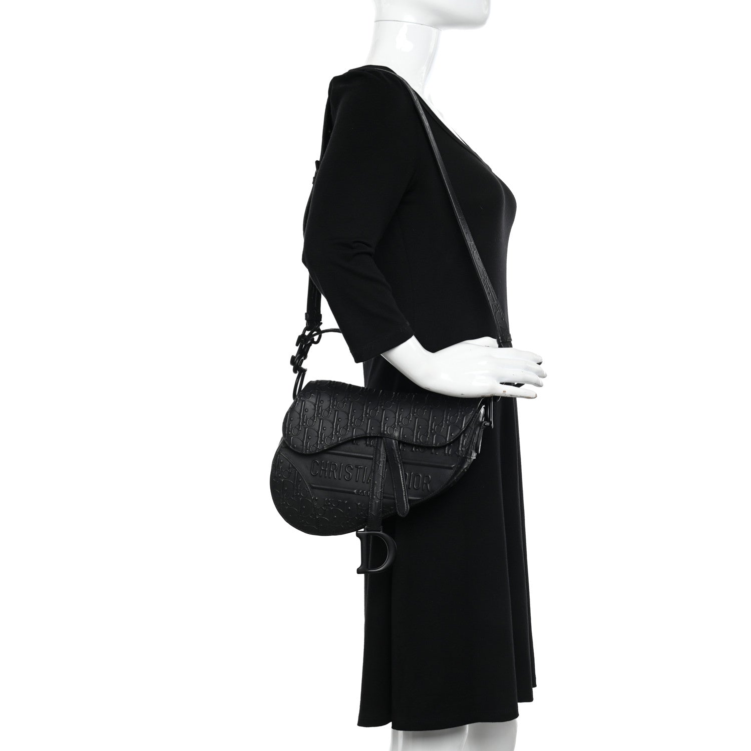 Christian Dior Calfskin Embossed Oblique Saddle Bag With Strap Black 2 of 10