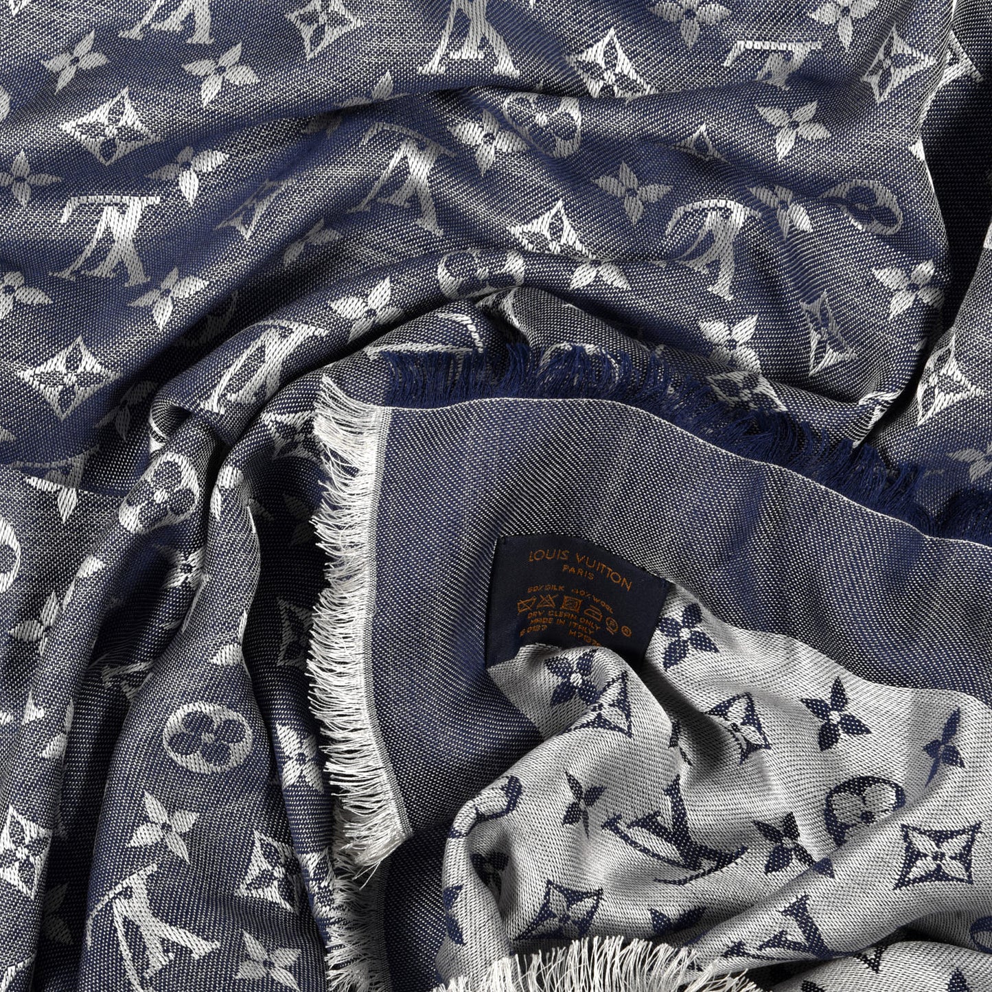 Silk Wool Monogram Denim Shawl Blue