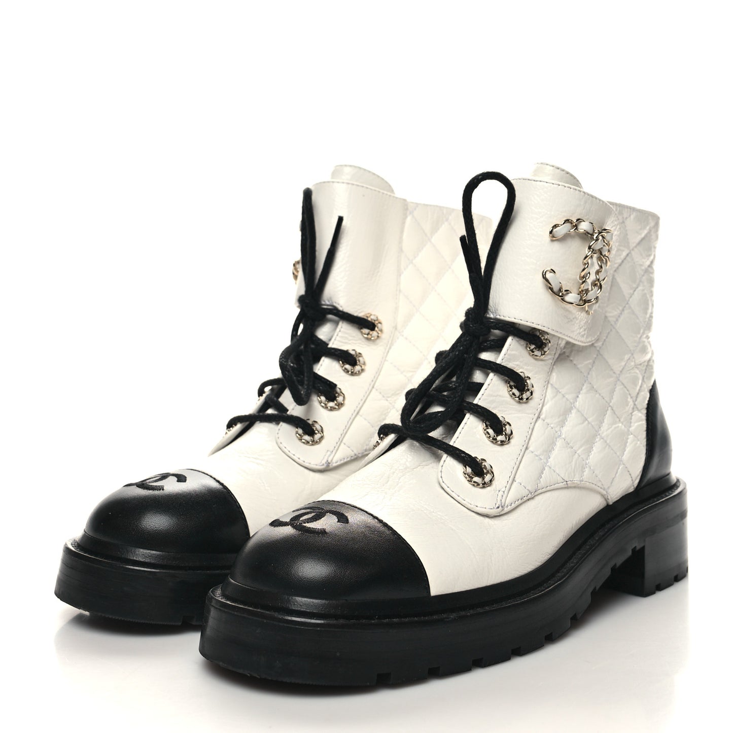 Shiny Goatskin Calfskin Quilted Lace Up Combat Boots 38.5 White Black