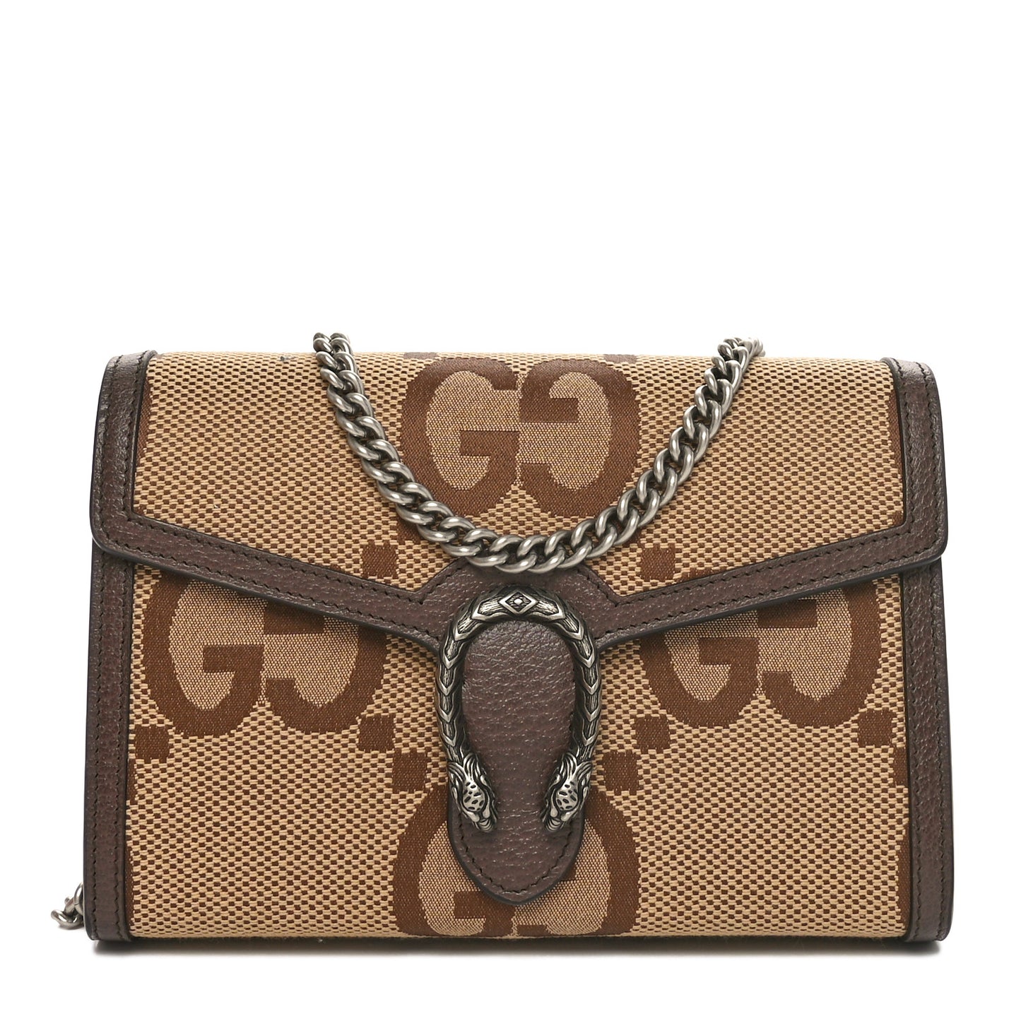 Monogram Jumbo GG Textured Dollar Calfskin Mini Dionysus Chain Wallet Camel Ebony New Acero