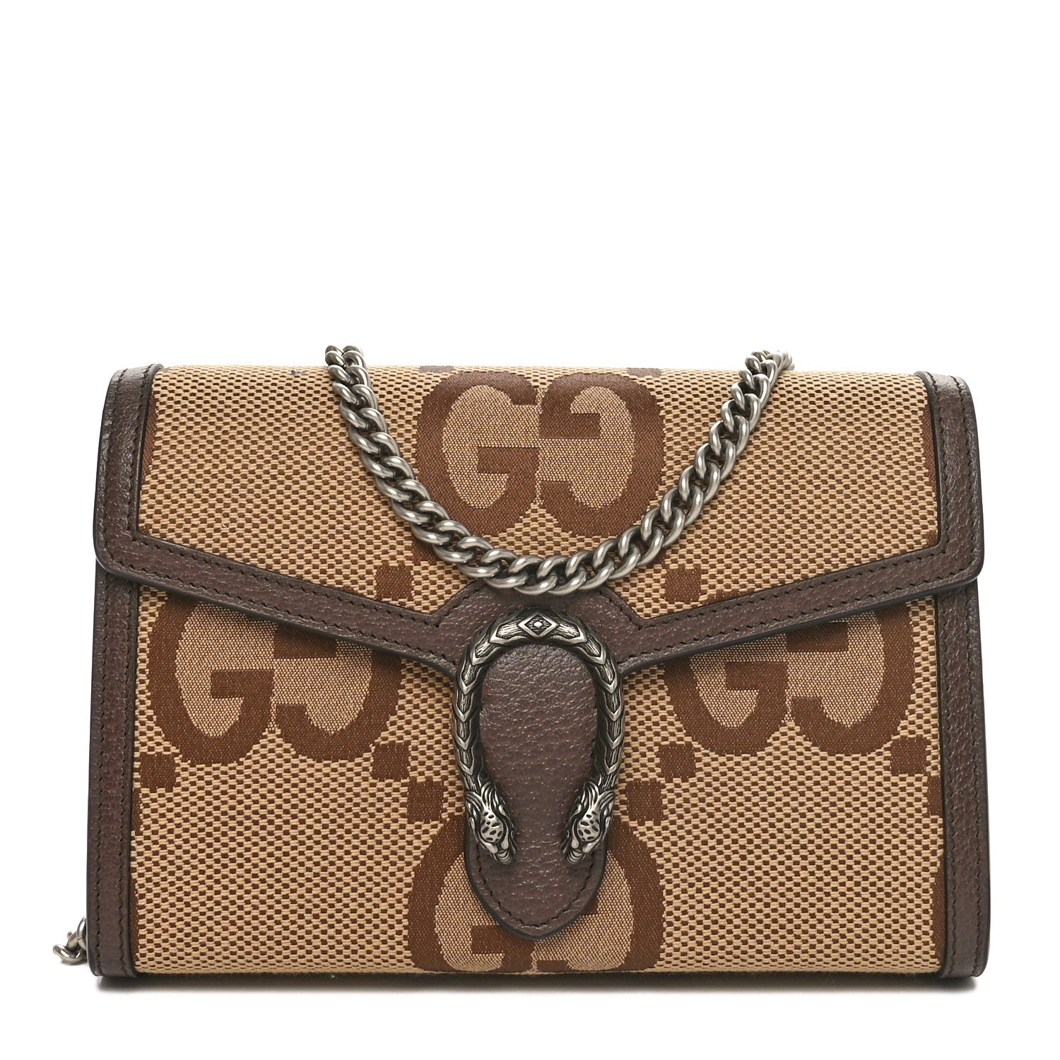 Gucci Monogram Jumbo GG Textured Dollar Calfskin Mini Dionysus Chain Wallet Camel Ebony New Acero 1 of 11