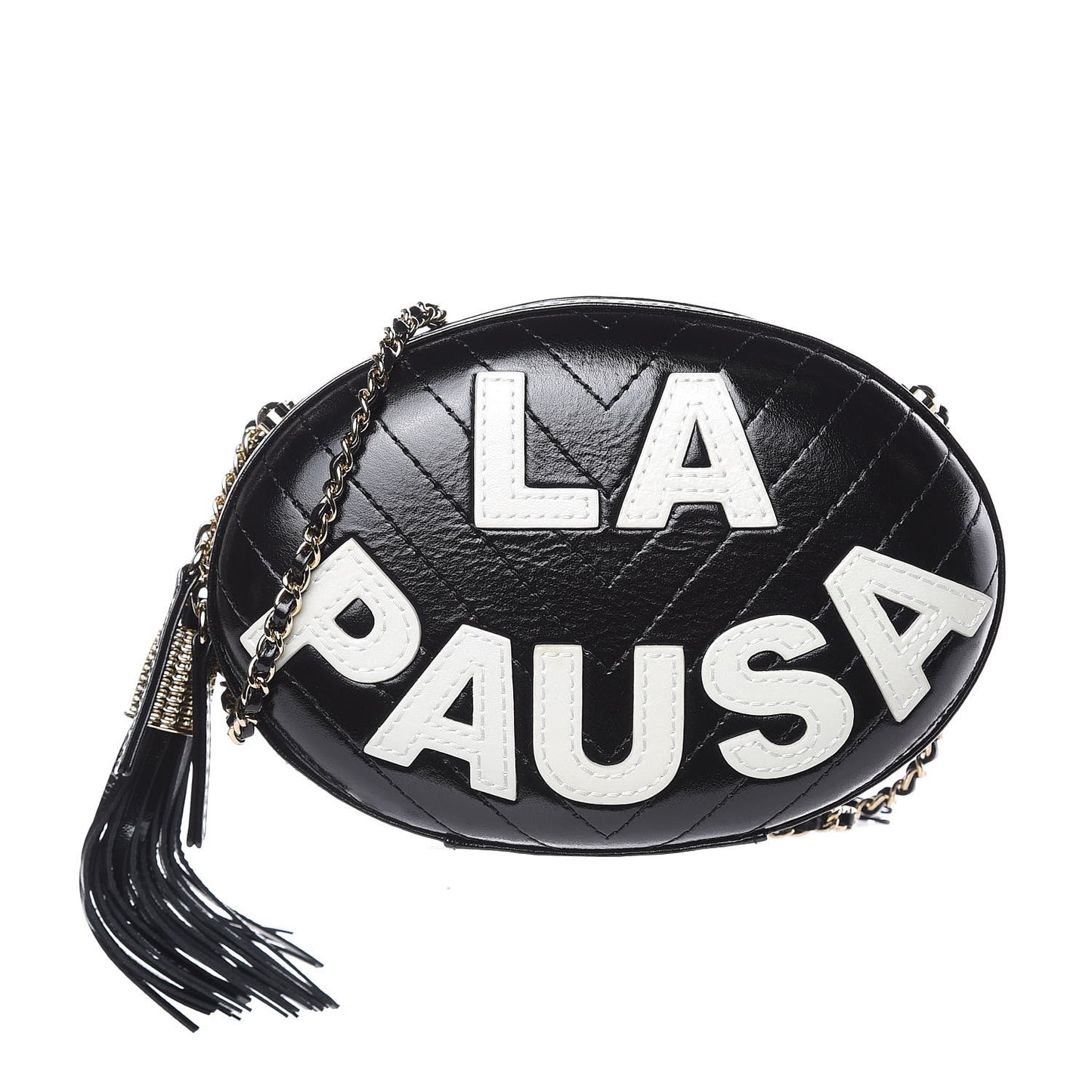 Lambskin Embroidered Chevron Quilted La Pausa Tassel Clutch Black
