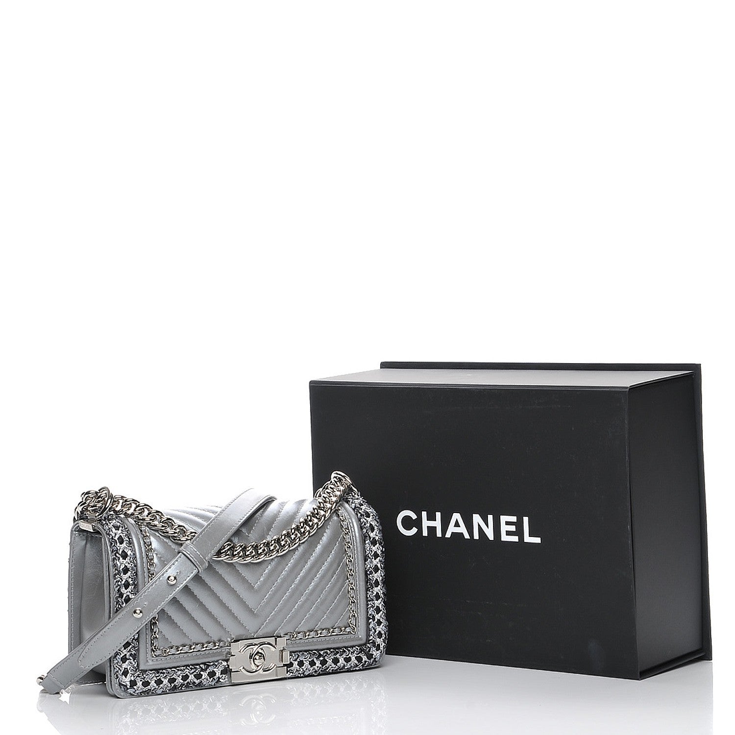 Chanel Metallic Calfskin Chevron Quilted Braided Medium Boy Flap Silver 8 of 8