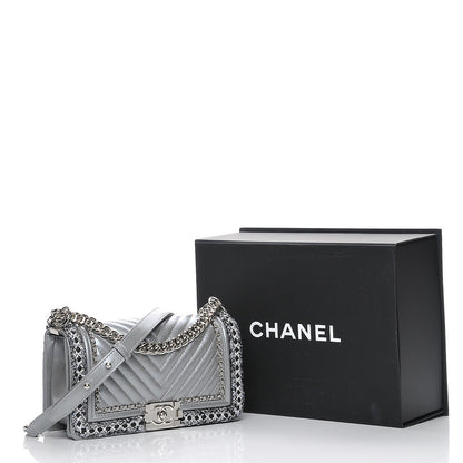 Chanel Metallic Calfskin Chevron Quilted Braided Medium Boy Flap Silver 8 of 8