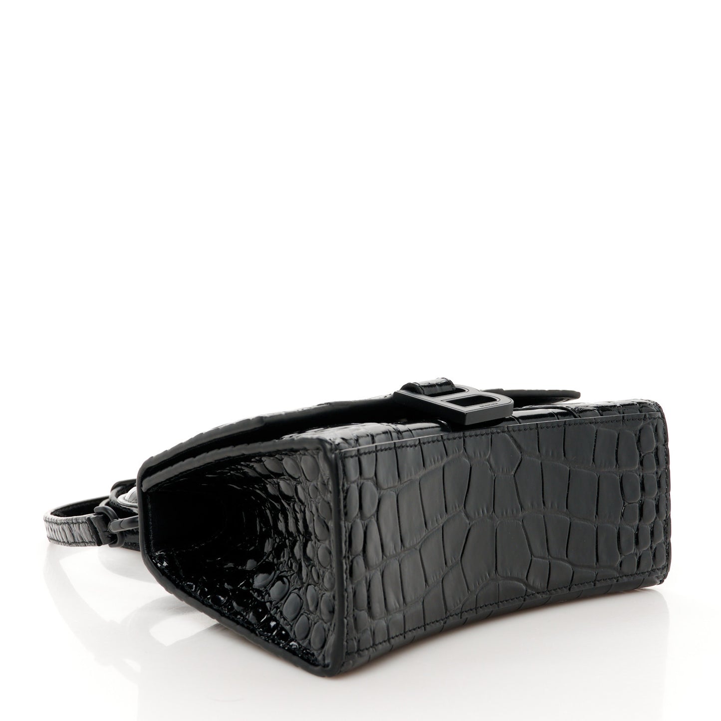 Shiny Calfskin Monochrome Crocodile Embossed Hourglass Top Handle Bag XS Black