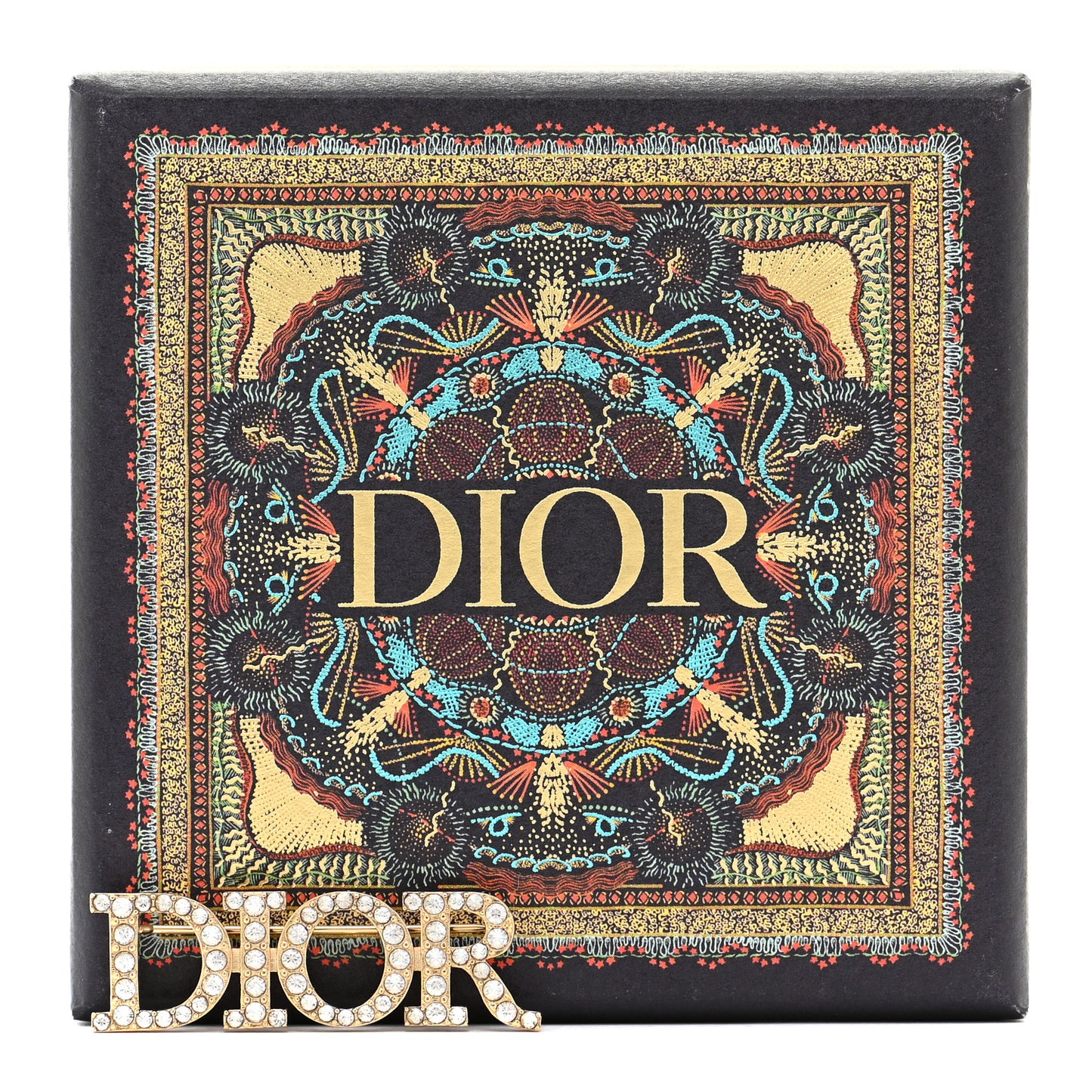 Crystal Dior Logo Brooch Gold