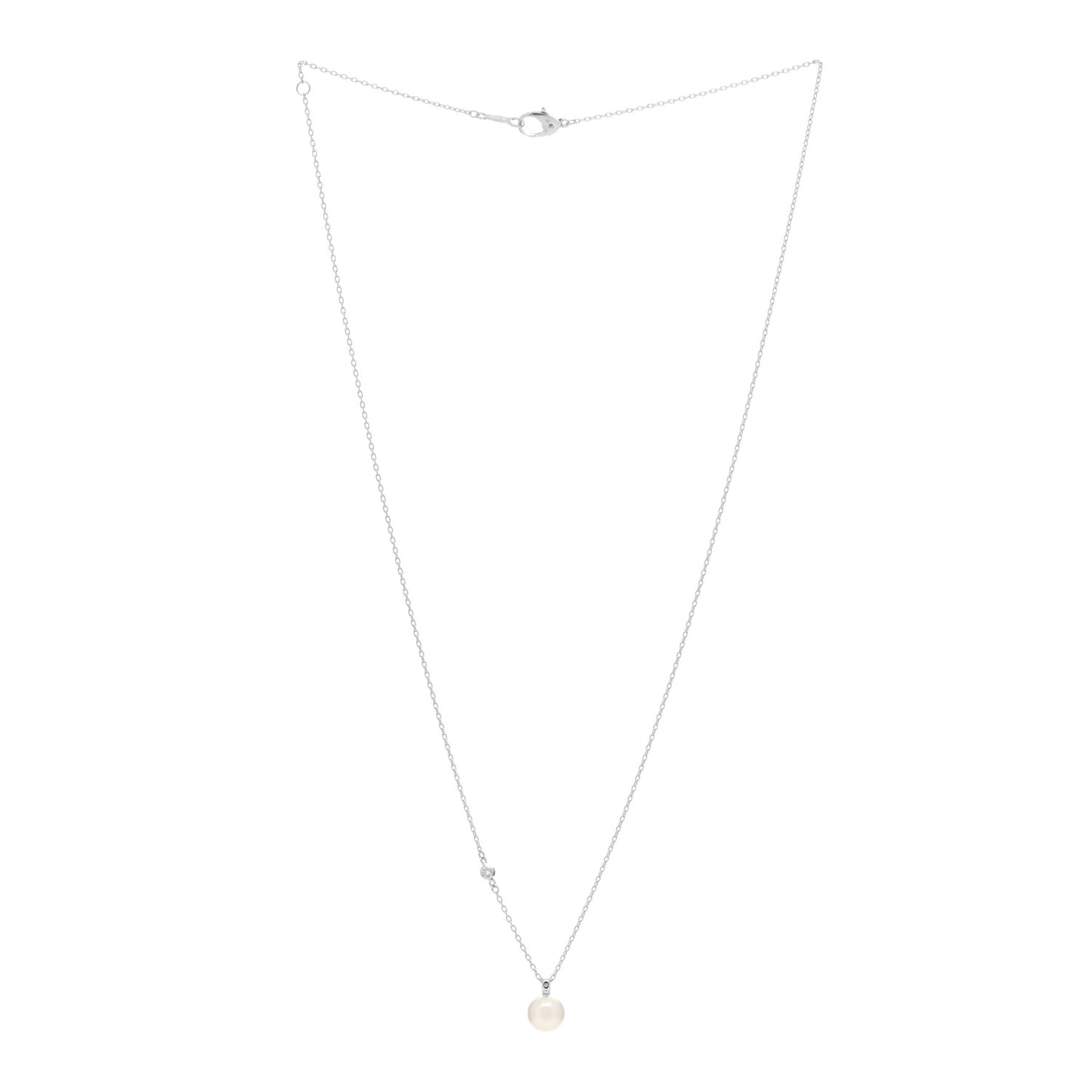 18K White Gold Diamond Akoya Pearl 7mm Station Pendant Necklace