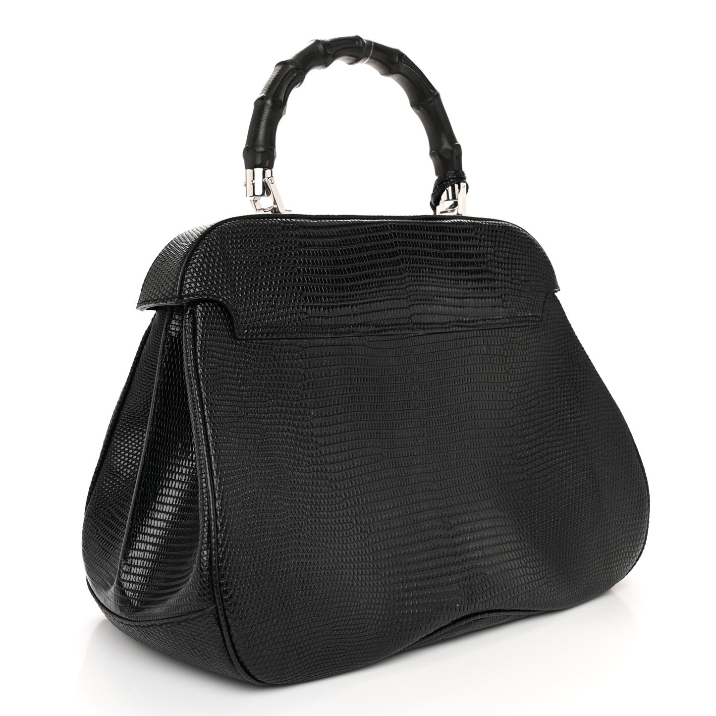 Lizard Bamboo Large Lady Lock Top Handle Bag Black