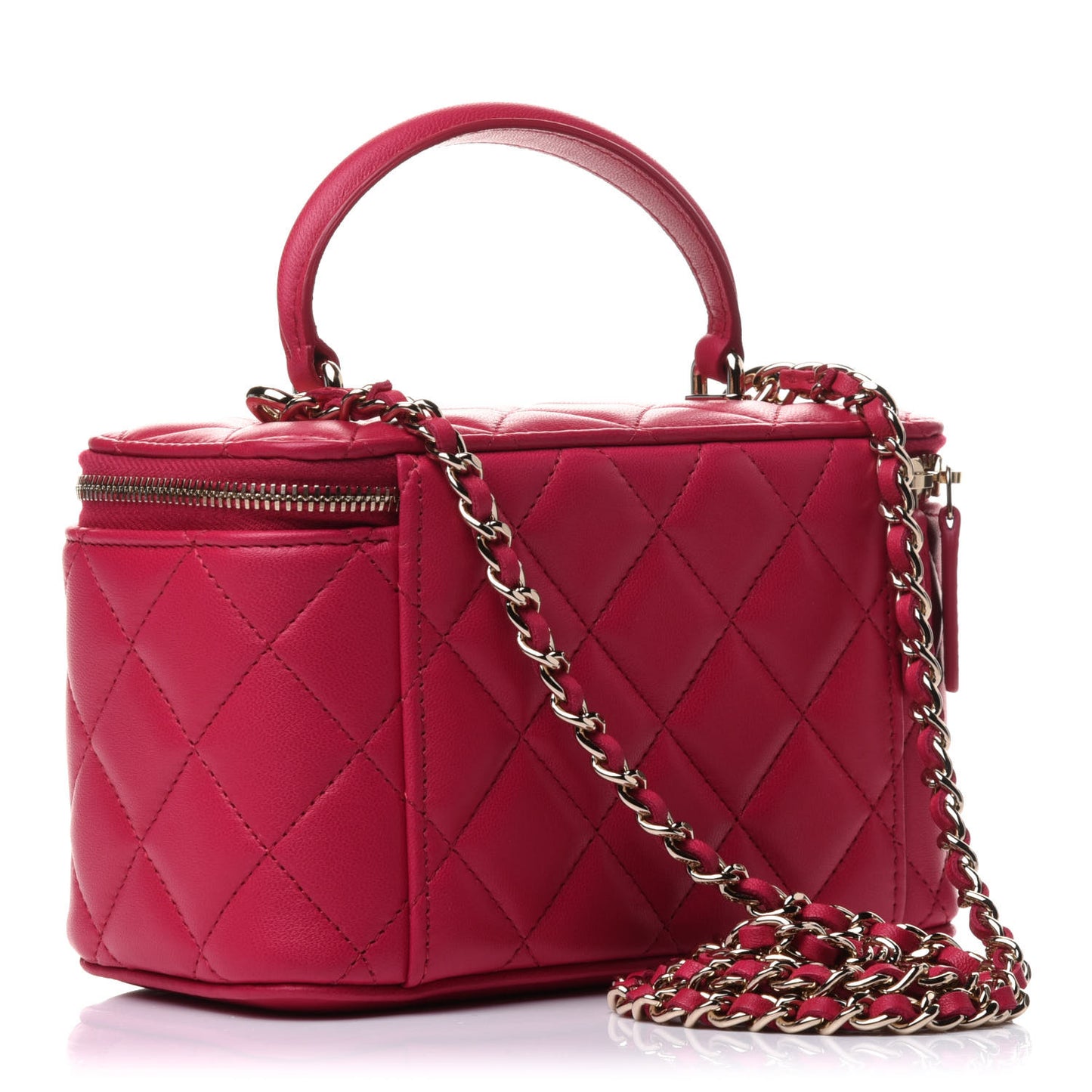 Lambskin Quilted Small Top Handle Vanity Case With Chain Dark Pink