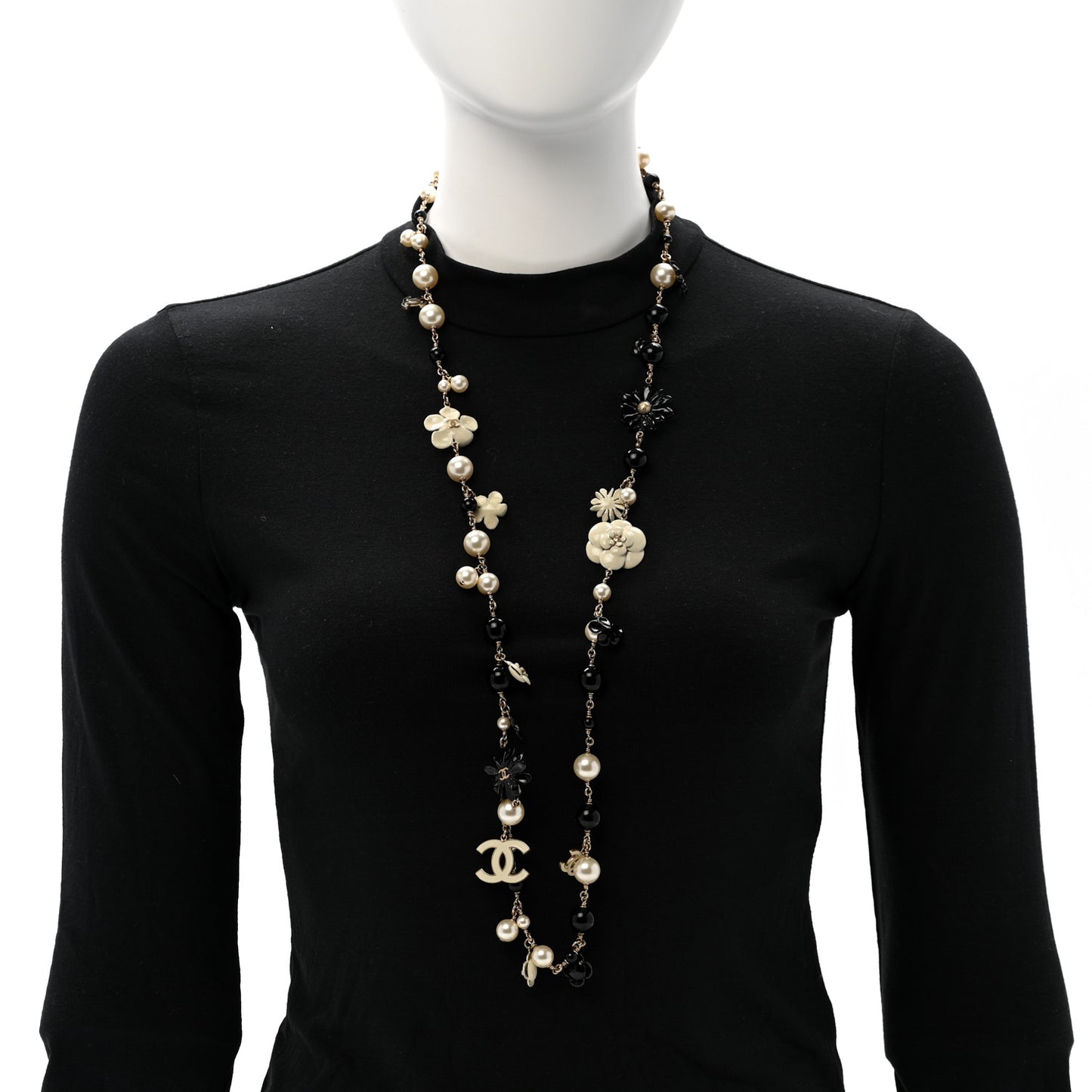 Pearl Enamel Resin Beaded Camelia CC Long Necklace Black White Gold