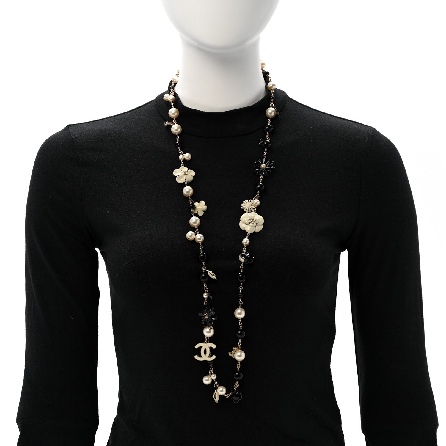 Chanel Pearl Enamel Resin Beaded Camelia CC Long Necklace Black White Gold 2 of 5
