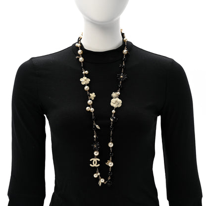 Chanel Pearl Enamel Resin Beaded Camelia CC Long Necklace Black White Gold 2 of 5