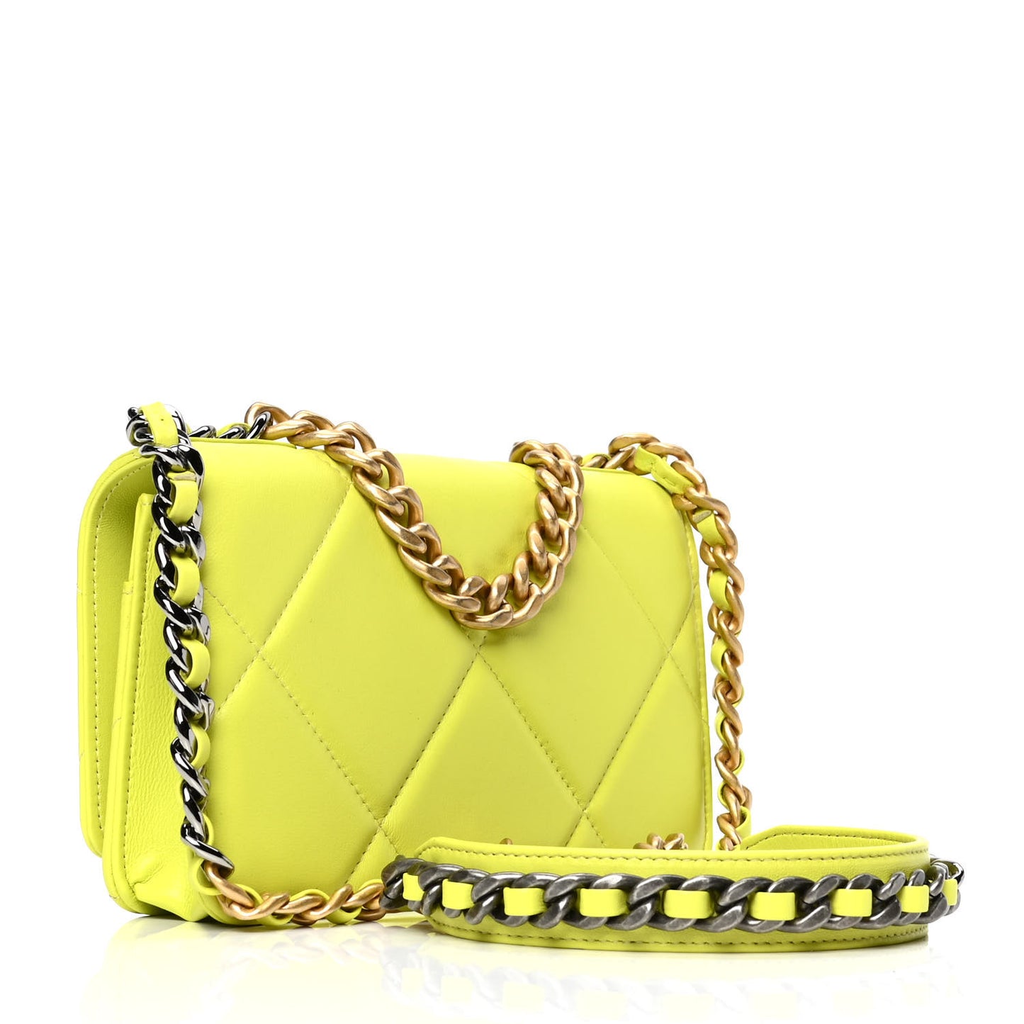 Shiny Lambskin Quilted Chanel 19 Wallet On Chain WOC Neon Yellow