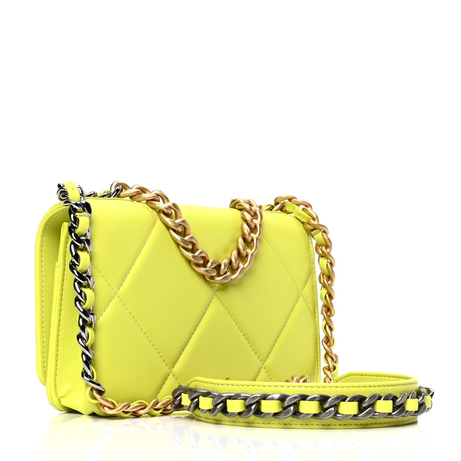 Chanel Shiny Lambskin Quilted Chanel 19 Wallet On Chain WOC Neon Yellow 2 of 5