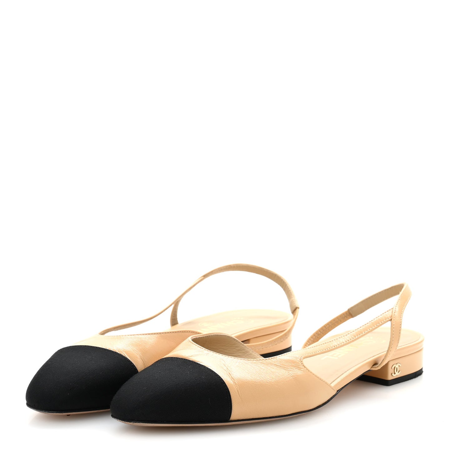 Goatskin Grosgrain Cap Toe CC Slingback Sandals 40 Beige Black
