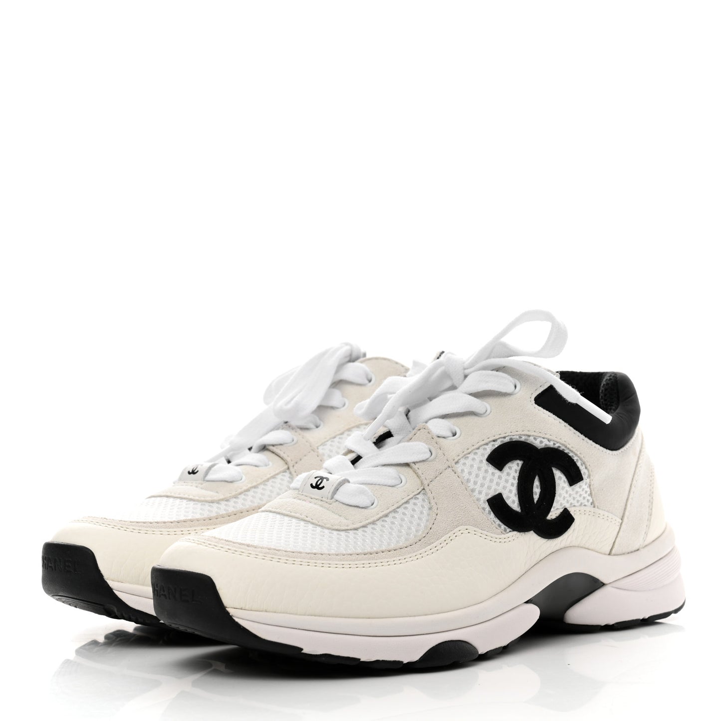 Mesh Suede Calfskin Grained Calfskin Womens CC Sneakers 37.5 White Black