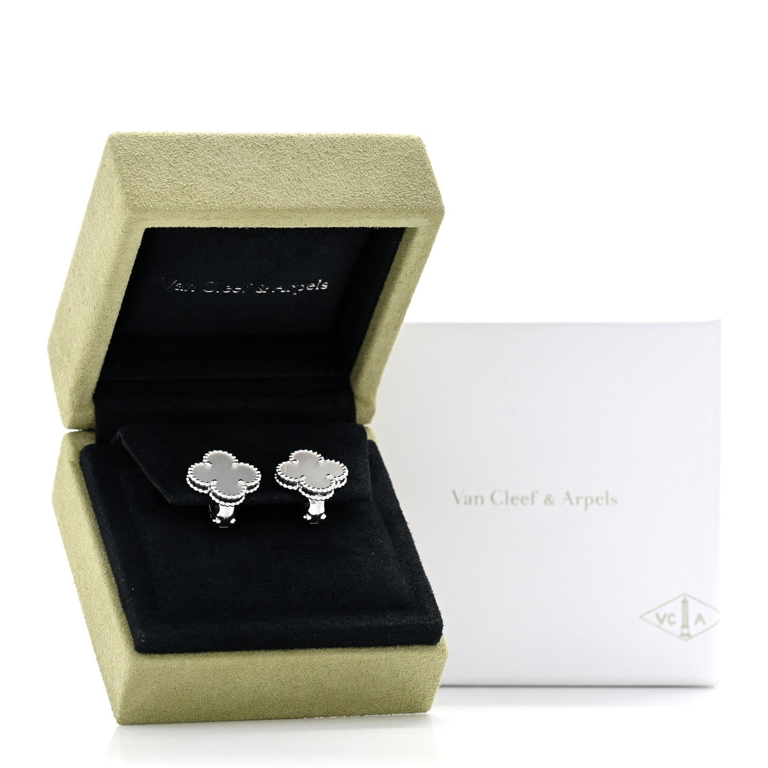 Van Cleef & Arpels 18K White Gold Mother of Pearl Vintage Alhambra Earrings 6 of 6