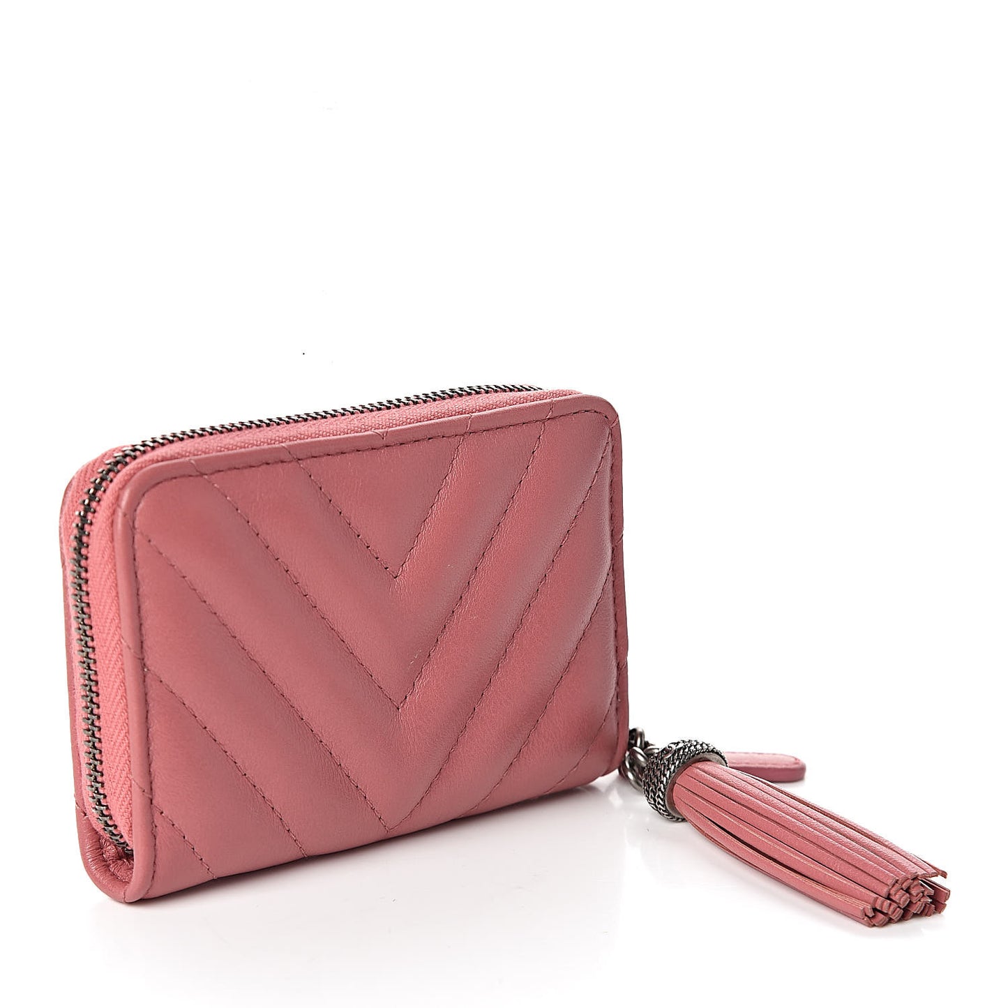Calfskin Chevron Quilted Tassel Zip Around Coin Purse Pink