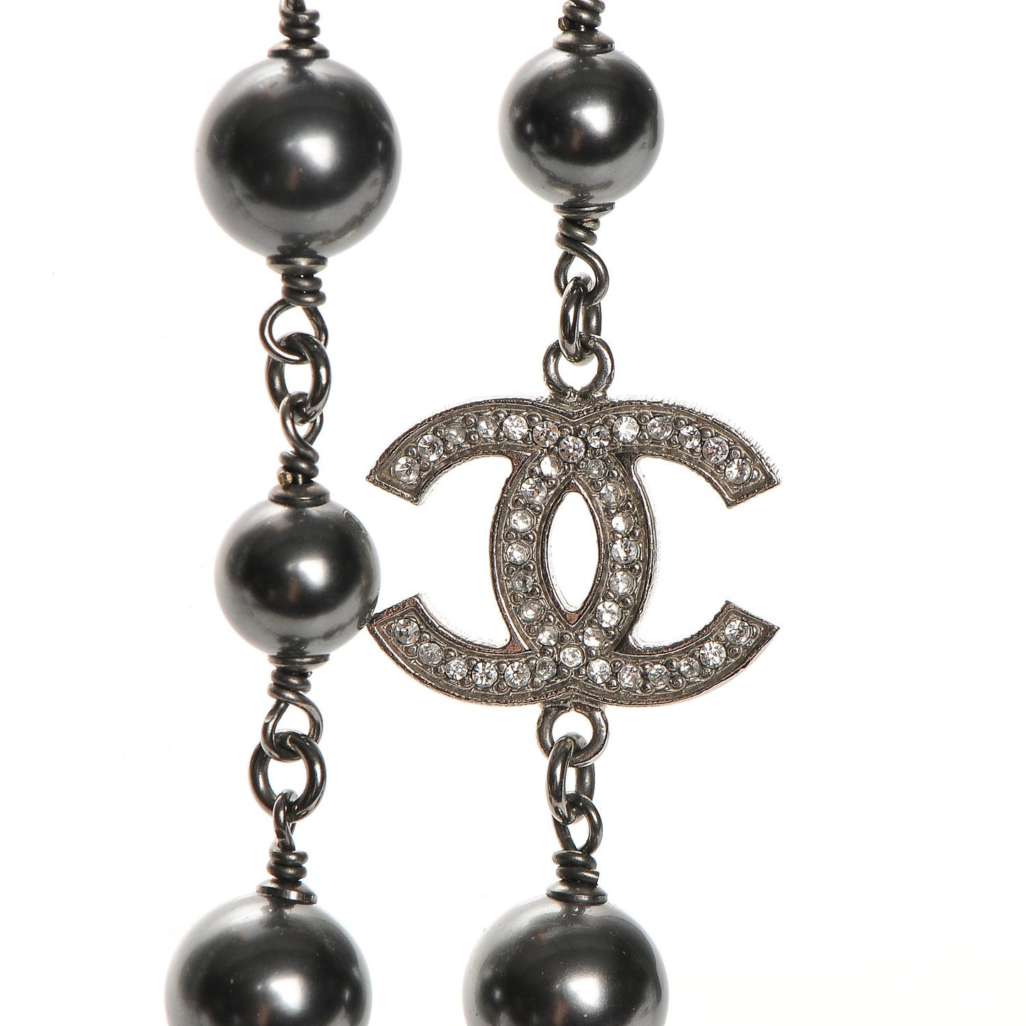Pearl Crystal CC Long Necklace Silver Grey