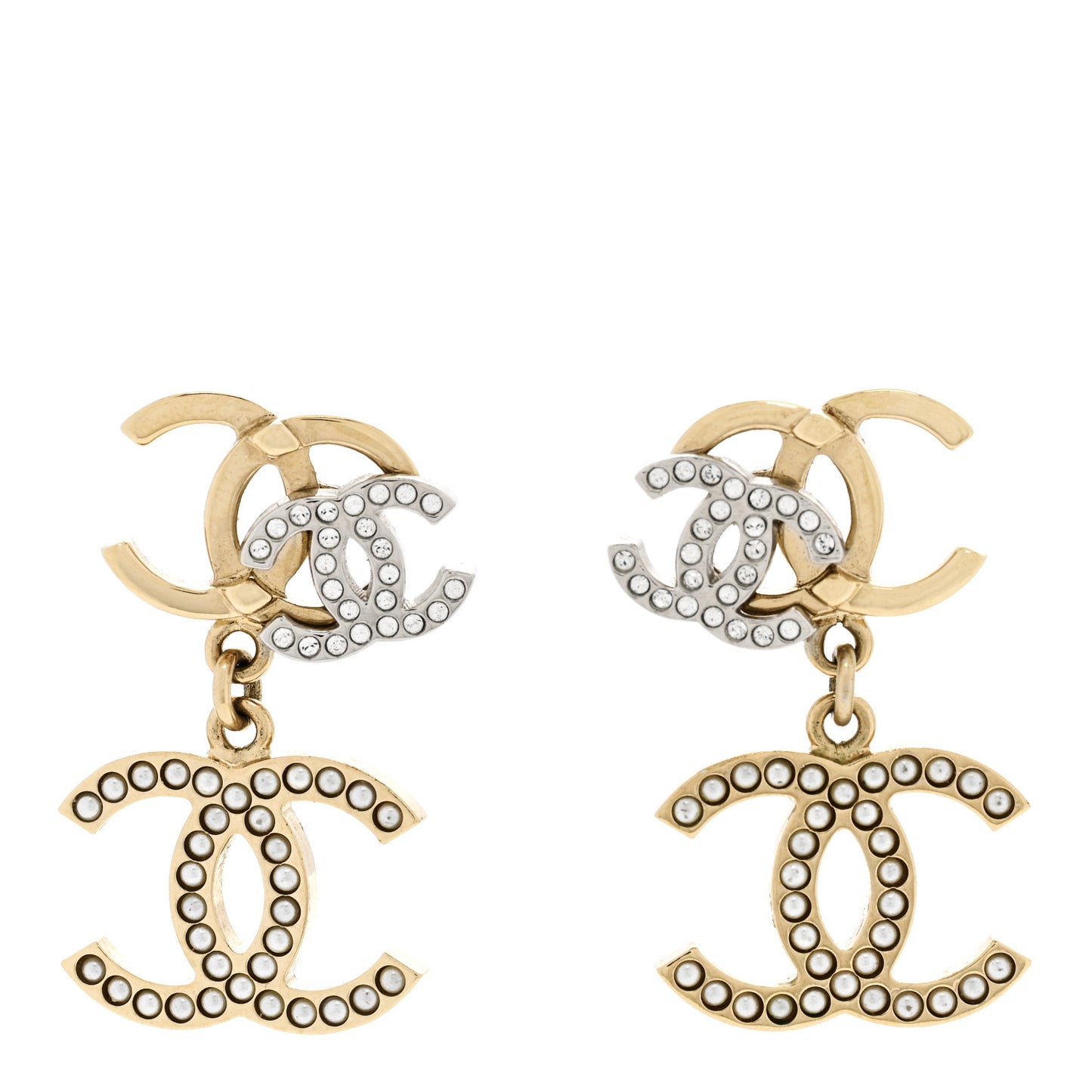 Crystal Pearl Double CC Drop Earrings Gold Silver