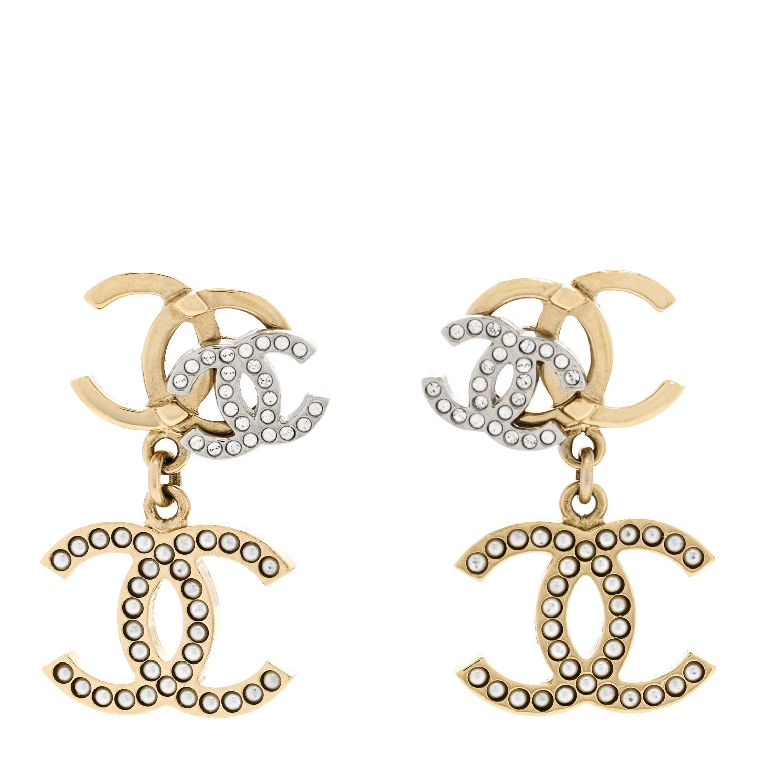 Chanel Crystal Pearl Double CC Drop Earrings Gold Silver 1 of 4