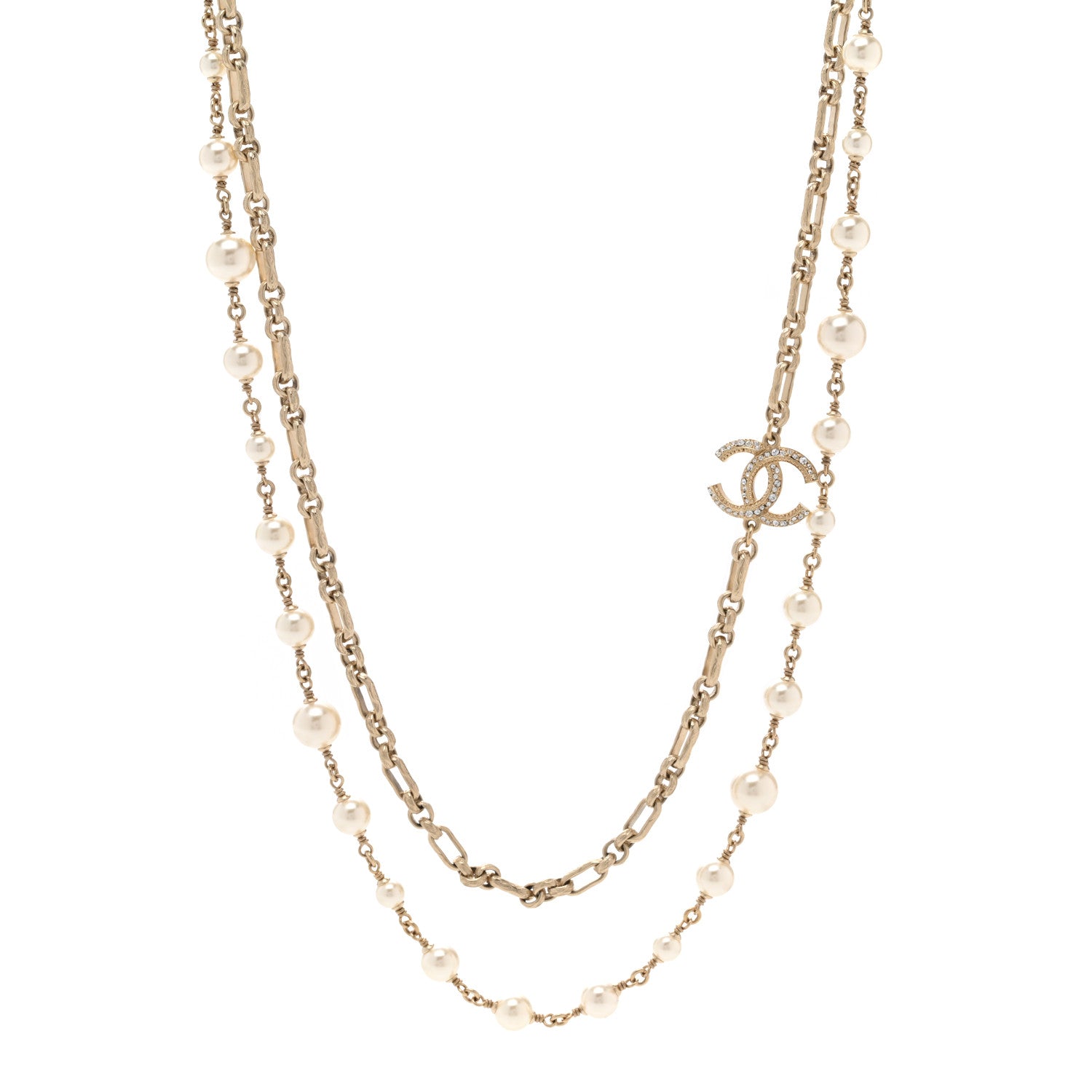 Chanel Crystal Pearl CC Long Necklace Silver 1 of 5