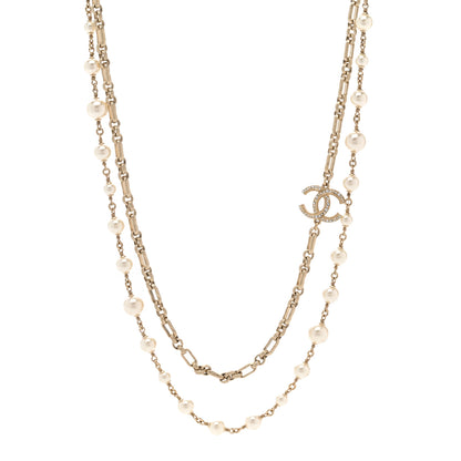 Chanel Crystal Pearl CC Long Necklace Silver 1 of 5