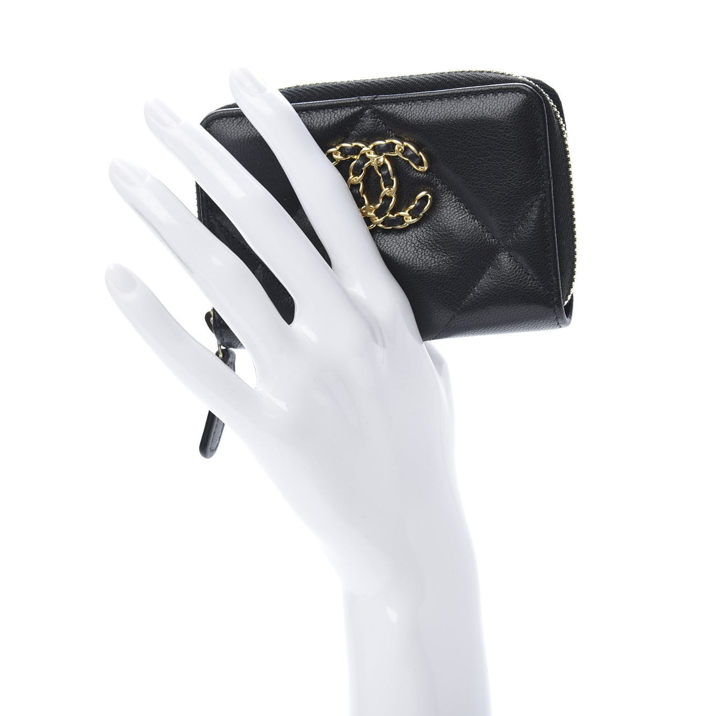 Shiny Goatskin Quilted Chanel 19 Zip Around Coin Purse Wallet Black