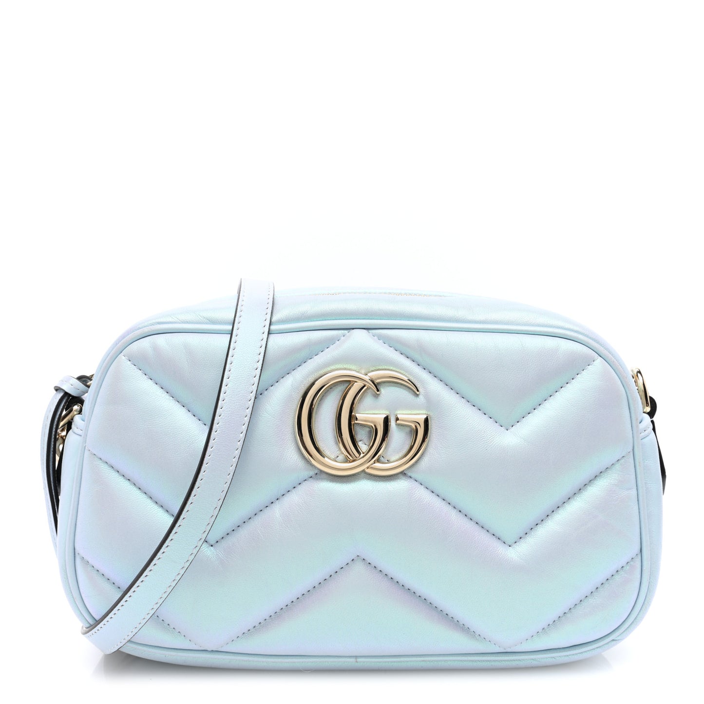 Iridescent Nappa Chevron Matelasse Small GG Marmont Chain Shoulder Bag Iridescent Snow Light Blue