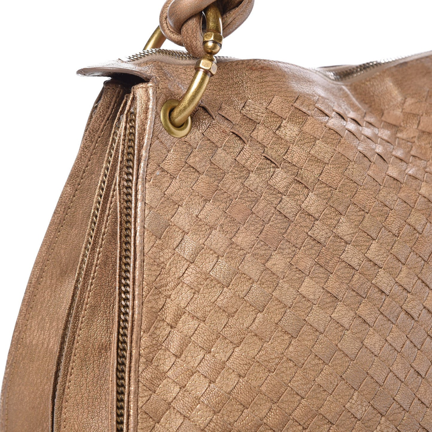 Metallic Goatskin Intrecciato Braided Zip Hobo Gold