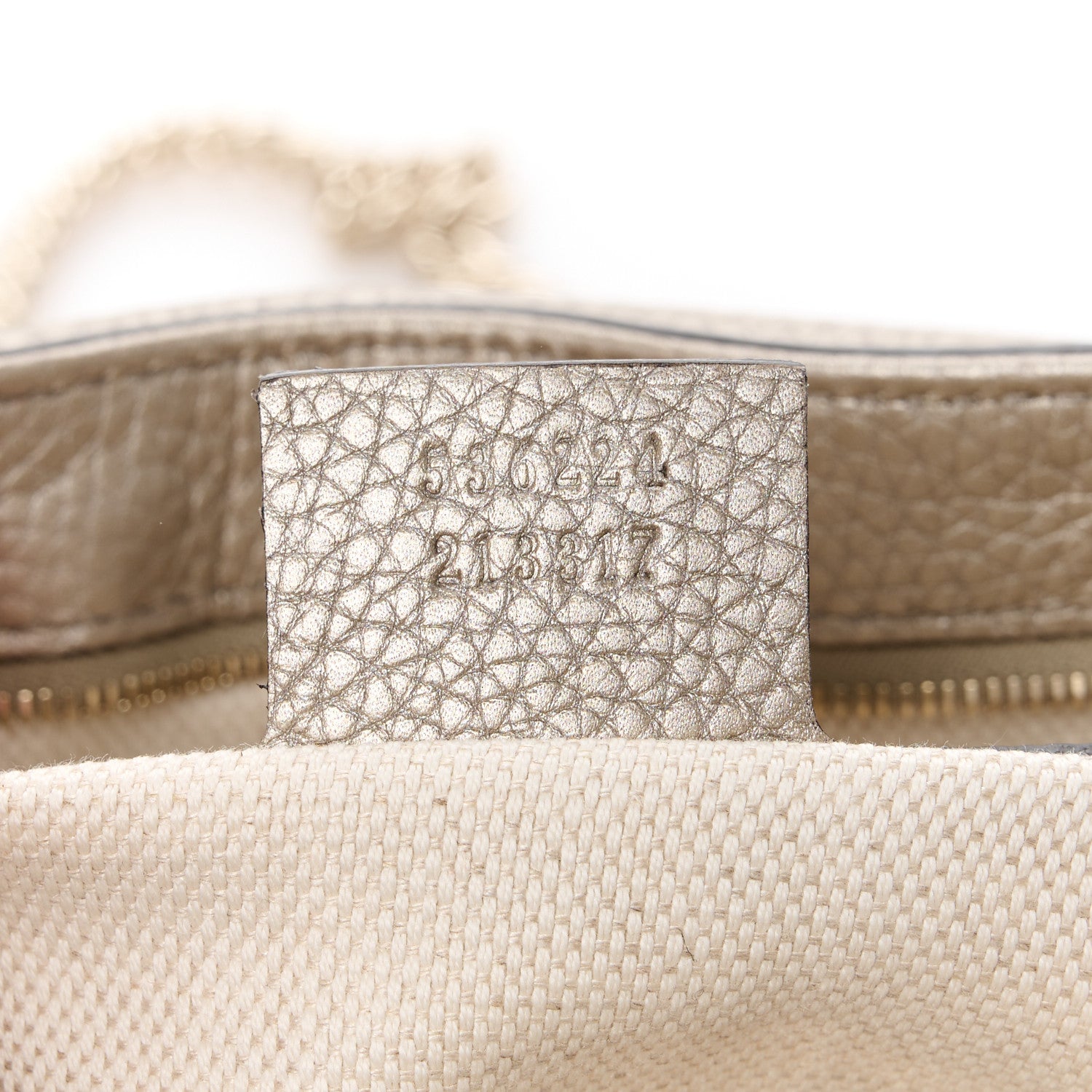 Gucci Metallic Pebbled Calfskin Medium Soho Flap Crossbody Golden Beige 7 of 11