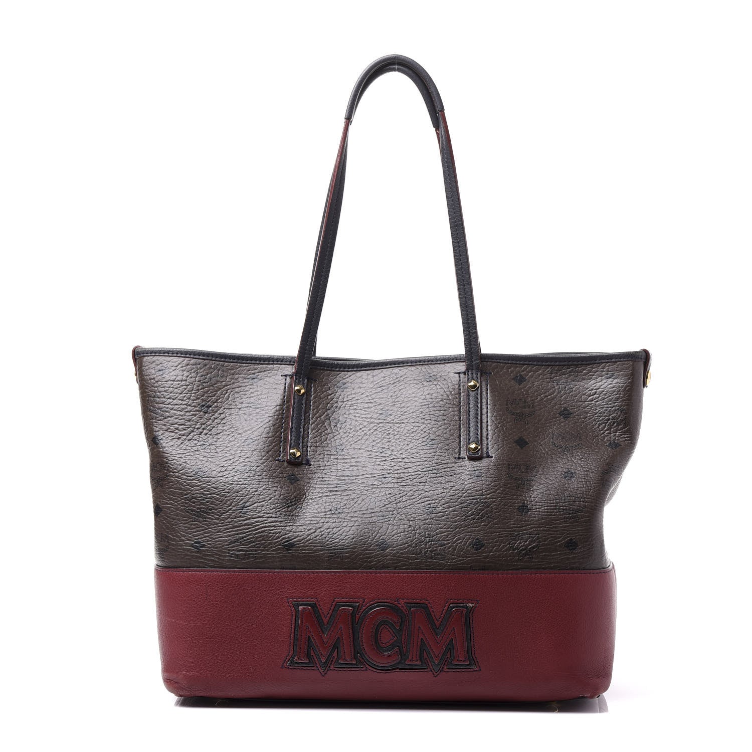 MCM Visetos Calfskin Logo Medium Shopper Tote Dark Brown Dark Red 1 of 13