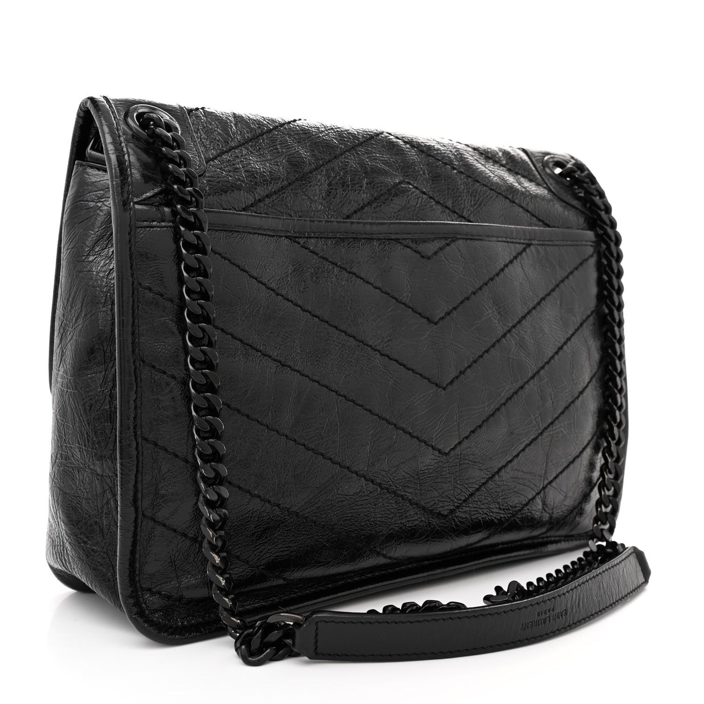 Crinkled Calfskin Matelasse Monogram Medium Niki Chain Satchel Black
