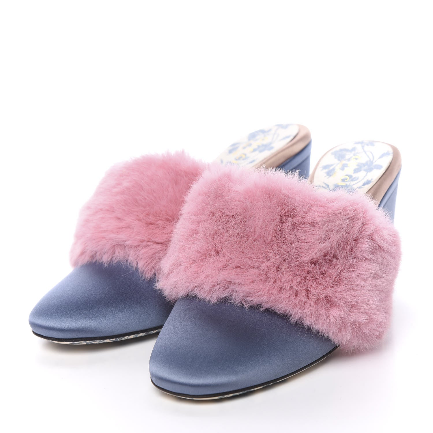 Gucci Faux Fur Silk Satin Crystal Candy Mules 37 Rosa Carta Zucchero 3 of 11