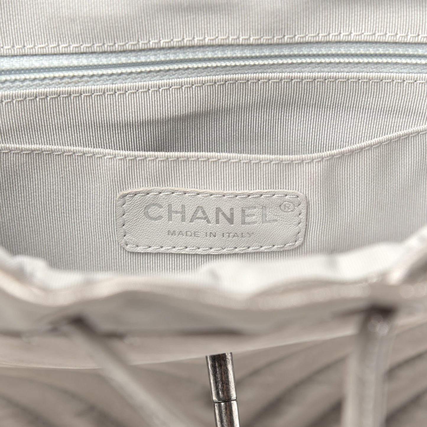 Metallic Iridescent Calfskin Chevron Quilted Small Urban Spirit Backpack Silver