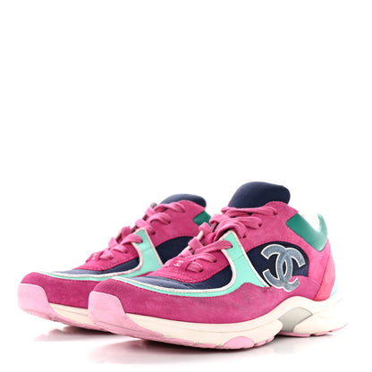 Chanel Nylon Calfskin Suede CC Sneakers 39.5 Pink Green 3 of 17