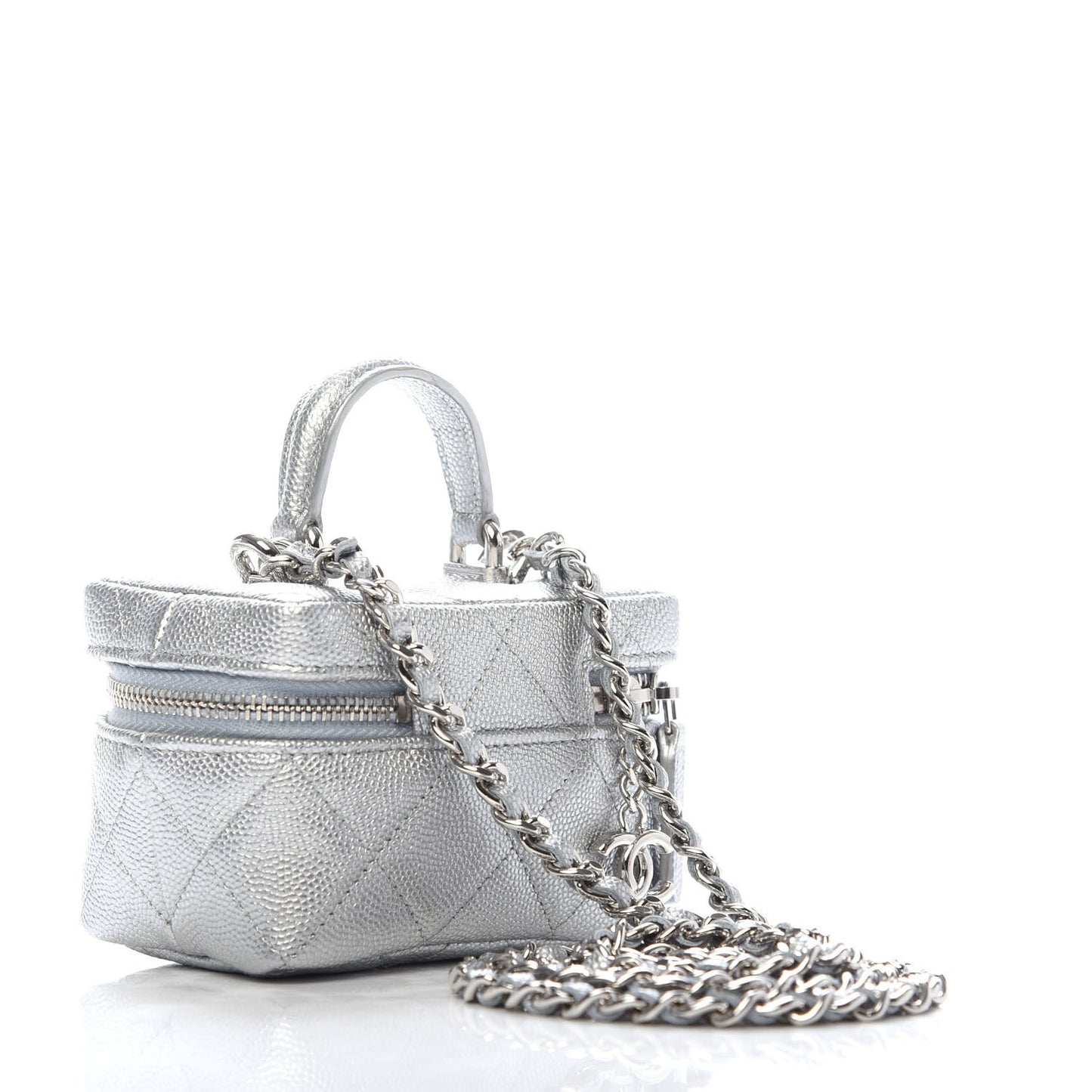 Metallic Caviar Quilted Mini Top Handle Vanity With Chain Silver