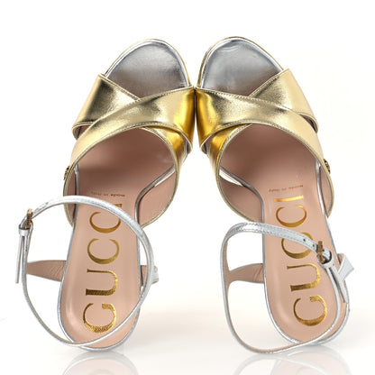 Gucci Metallic Nappa Double G 40/135mm Platform Sandals 37.5 Gold Silver 2 of 12